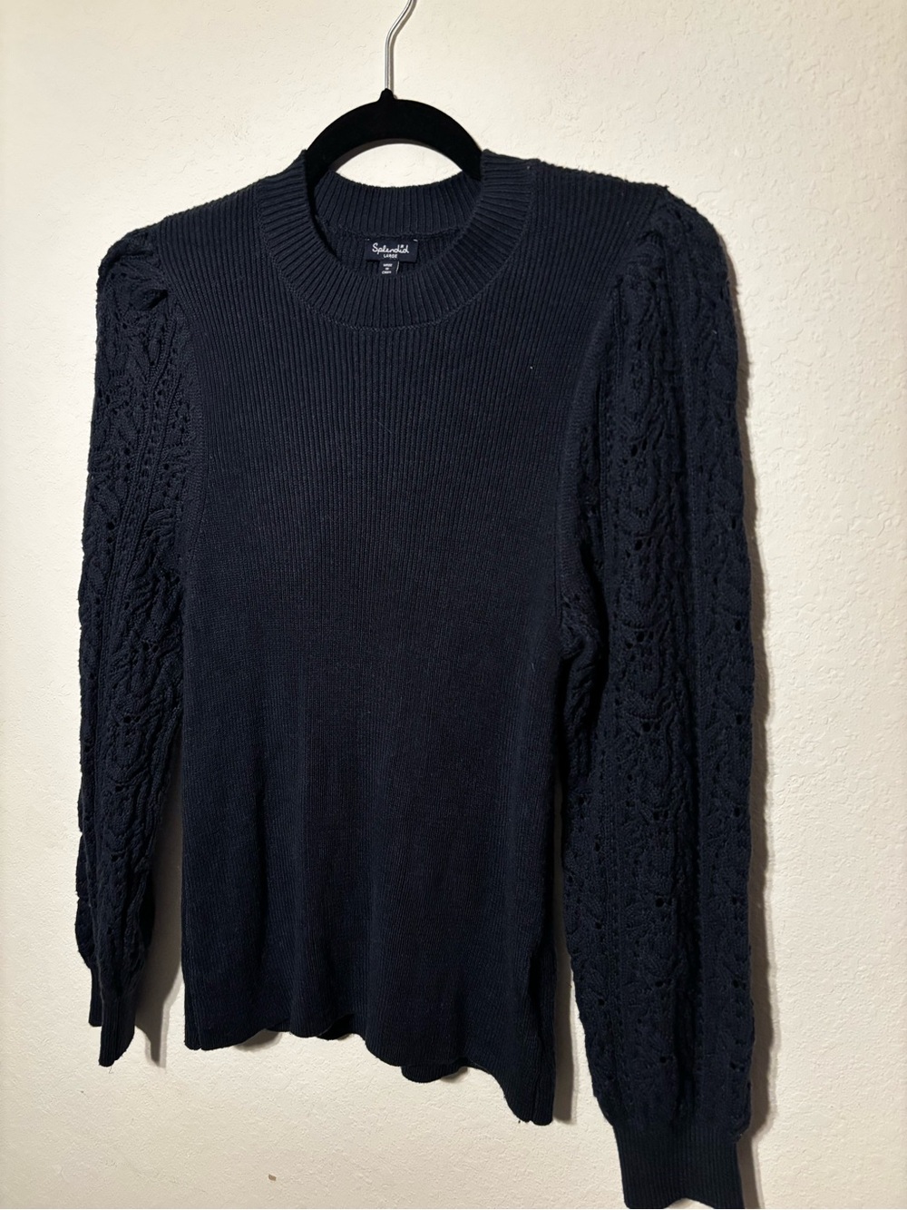 Splendid Navy Crewneck Sweater Crochet Lace Sleeves Cashmere Blend Size Large